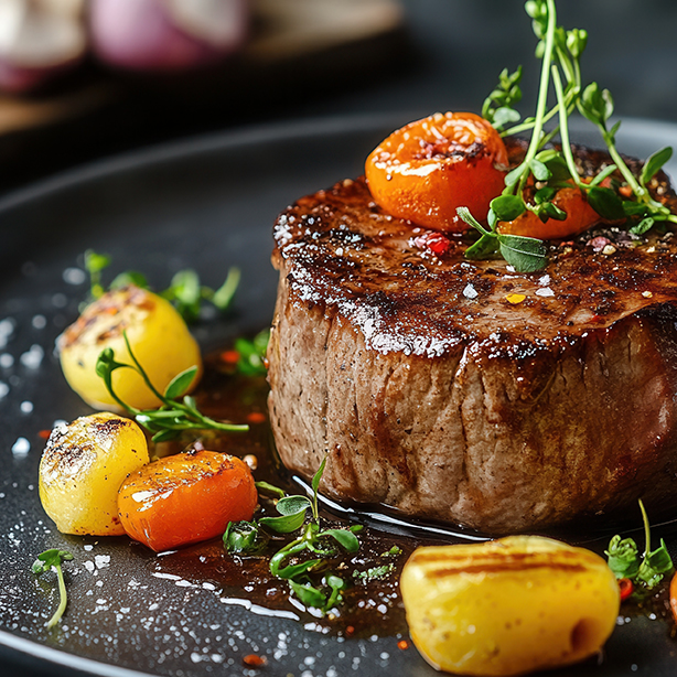 grilled beef tenderloin steak with roasted vegetables and herbs on a dark plate.